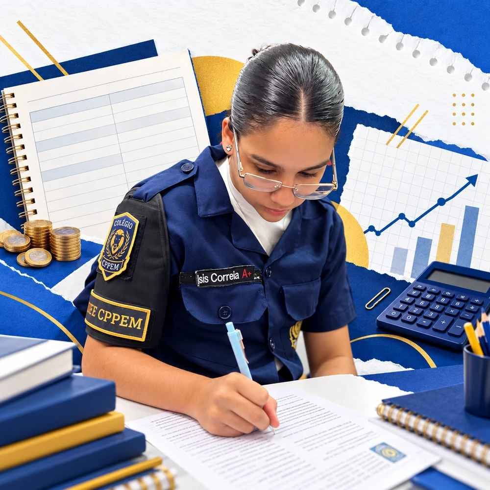Aluna do Colégio CPPEM estudando finanças, com moedas, calculadora e um gráfico em alta